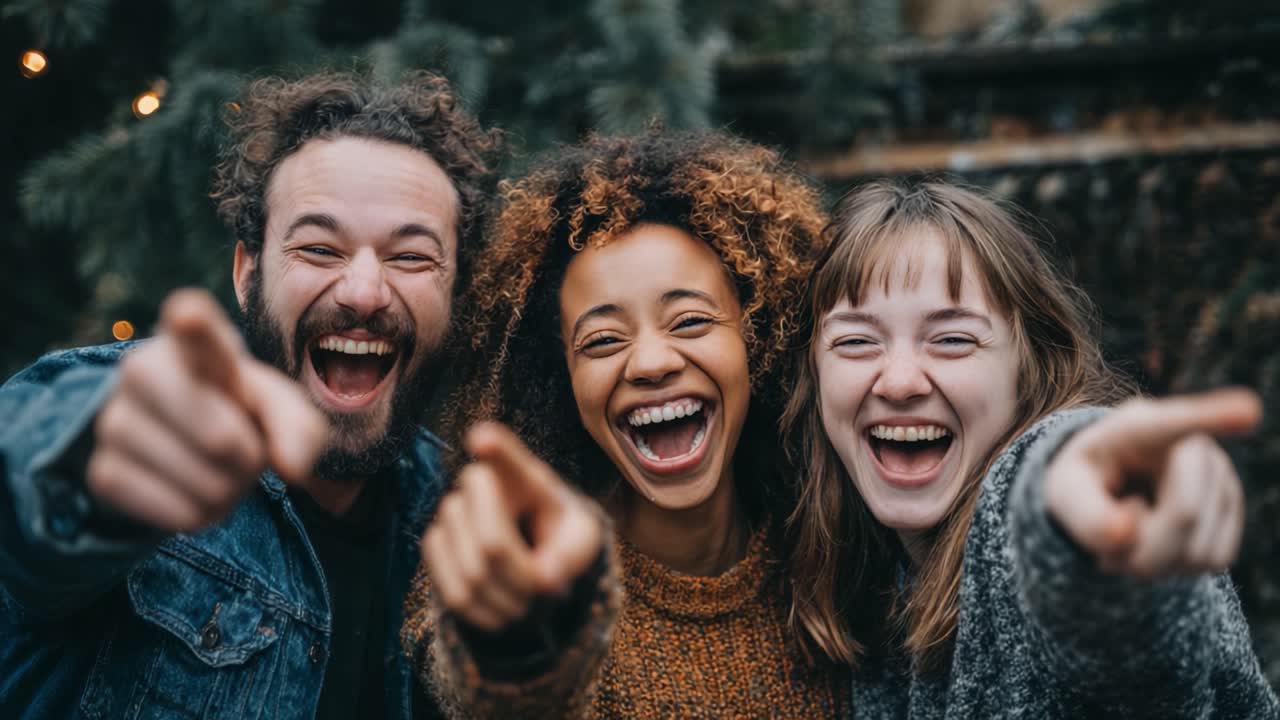 A Joyful Group of Friends Laughing and Pointing at the Camera, Celebrating Life's Moments Together in a Beautiful Outdoor Setting Full of Nature and Happiness