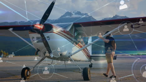 animación de la red de conexiones sobre el piloto y el avión