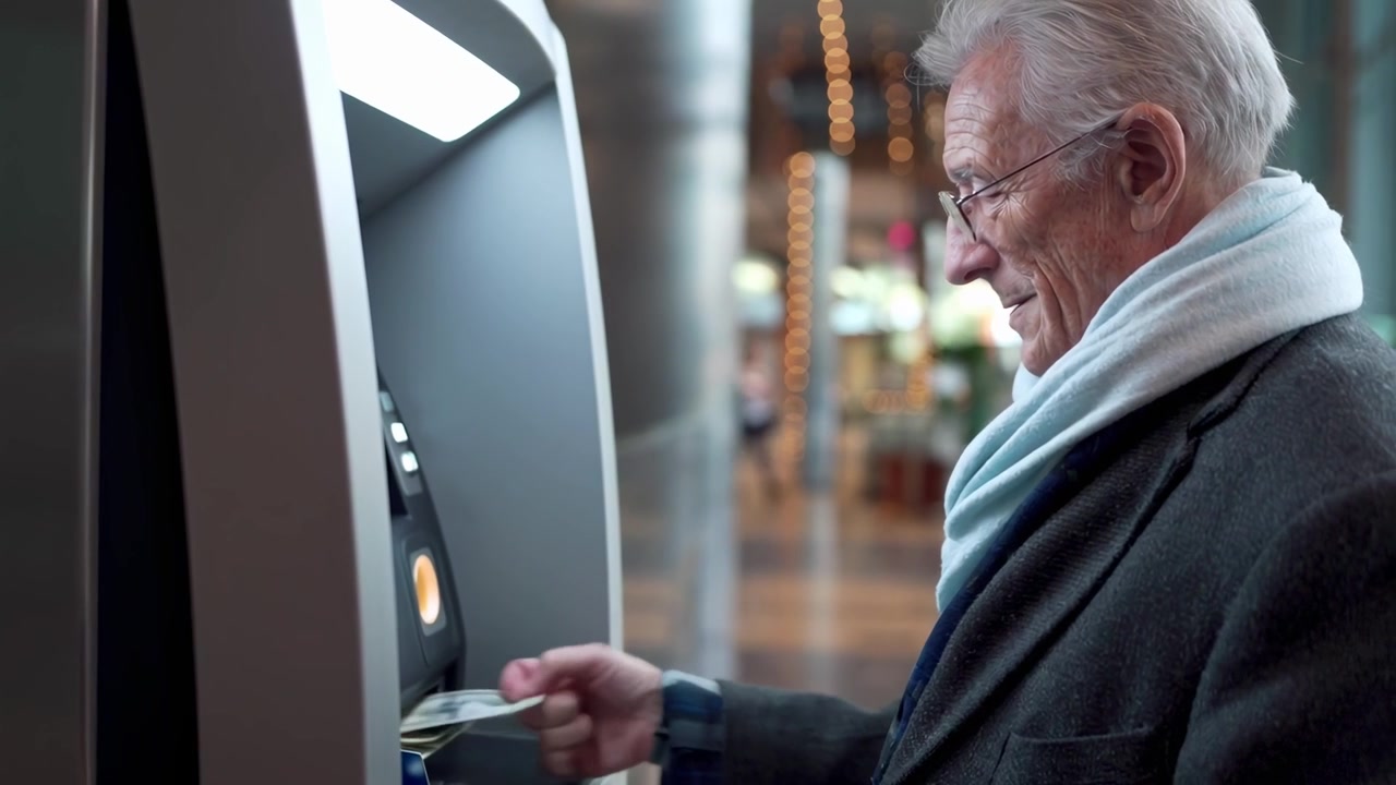 Uomo anziano che preleva contanti da un bancomat
