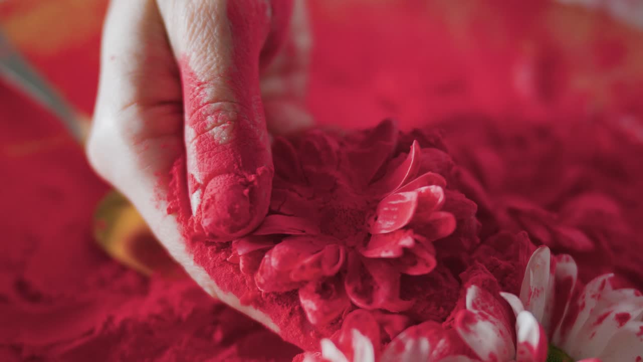 인도 의 가난 한 도시 에서 매우 유명한 홀리 축제 가 열리기 전 에  ⁇  꽃 을 구랄 로  ⁇ 는 여자 의 영화적 클로즈업