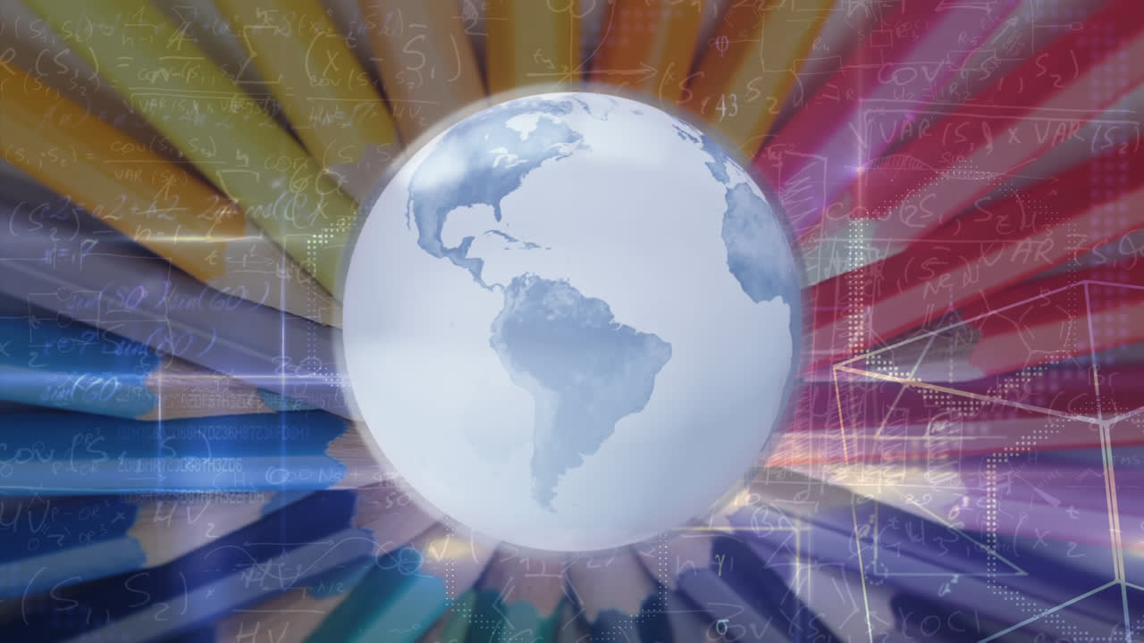 다채로운 연필과 수학적 공식의 배경에서 회전하는 지구의 애니메이션