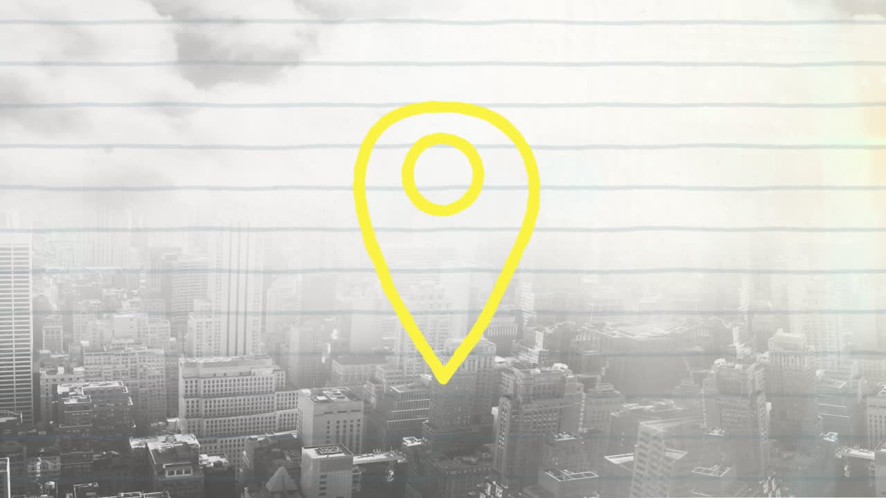 animación del pin de ubicación amarillo dibujado sobre papel gobernado y paisaje urbano