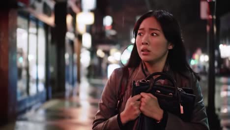 a young woman's fearful journey through a rainy urban night, holding her bag tightly while navigating an empty street filled with shadows and uncertainty