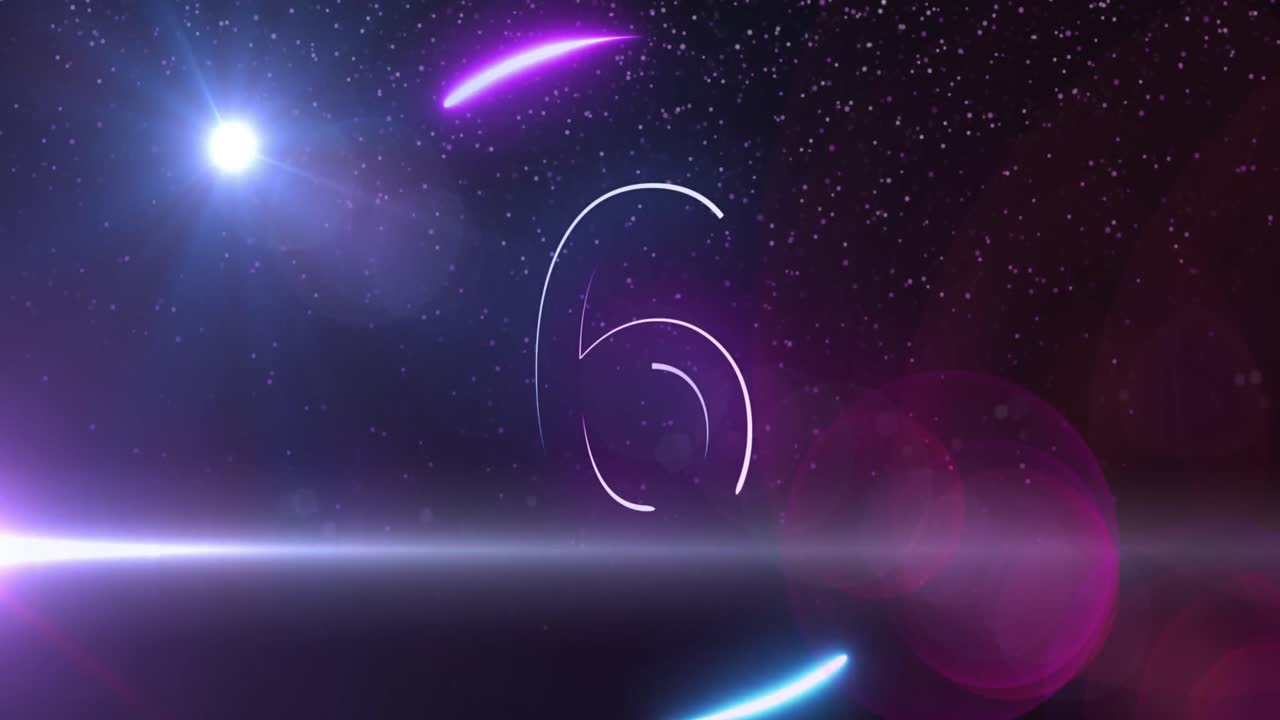 Animation of glowing pink and blue numbers counting down to new year from 10 to 0 on night sky