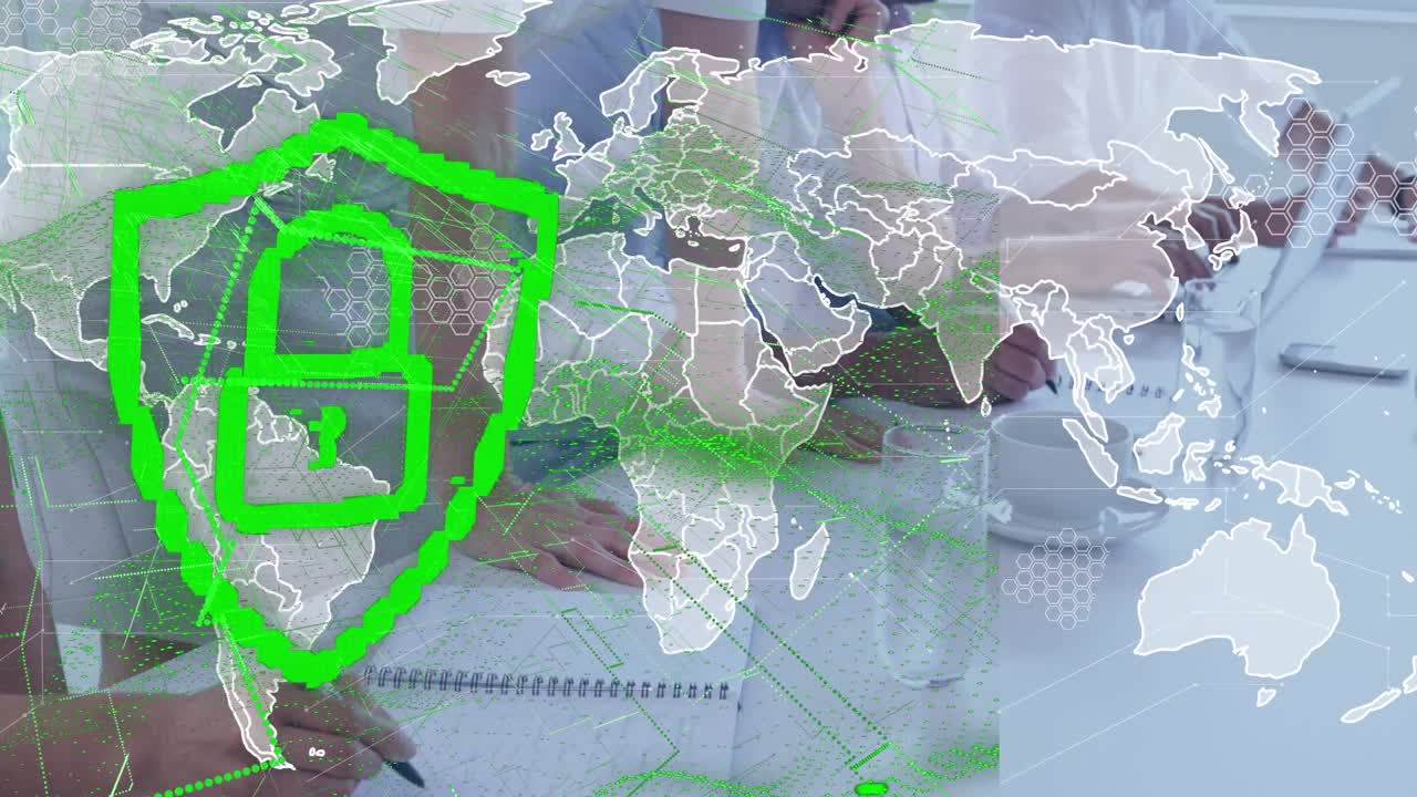 Animation of padlock, world map and data processing over diverse business people in office