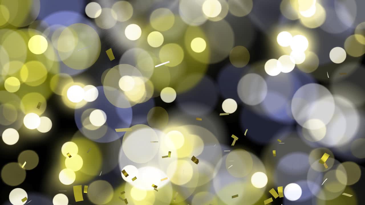 Animation af faldende guld konfetti over udfokuserede hvide og gule julelys.