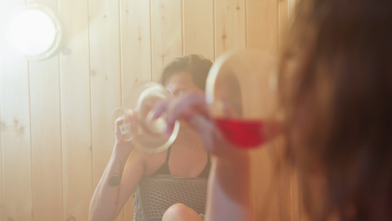 Close up of young women raising wine glasses in toast while sipping red wine in cozy wood paneled interior, soft backlight creating warm haze over wet hair and relaxed smiles