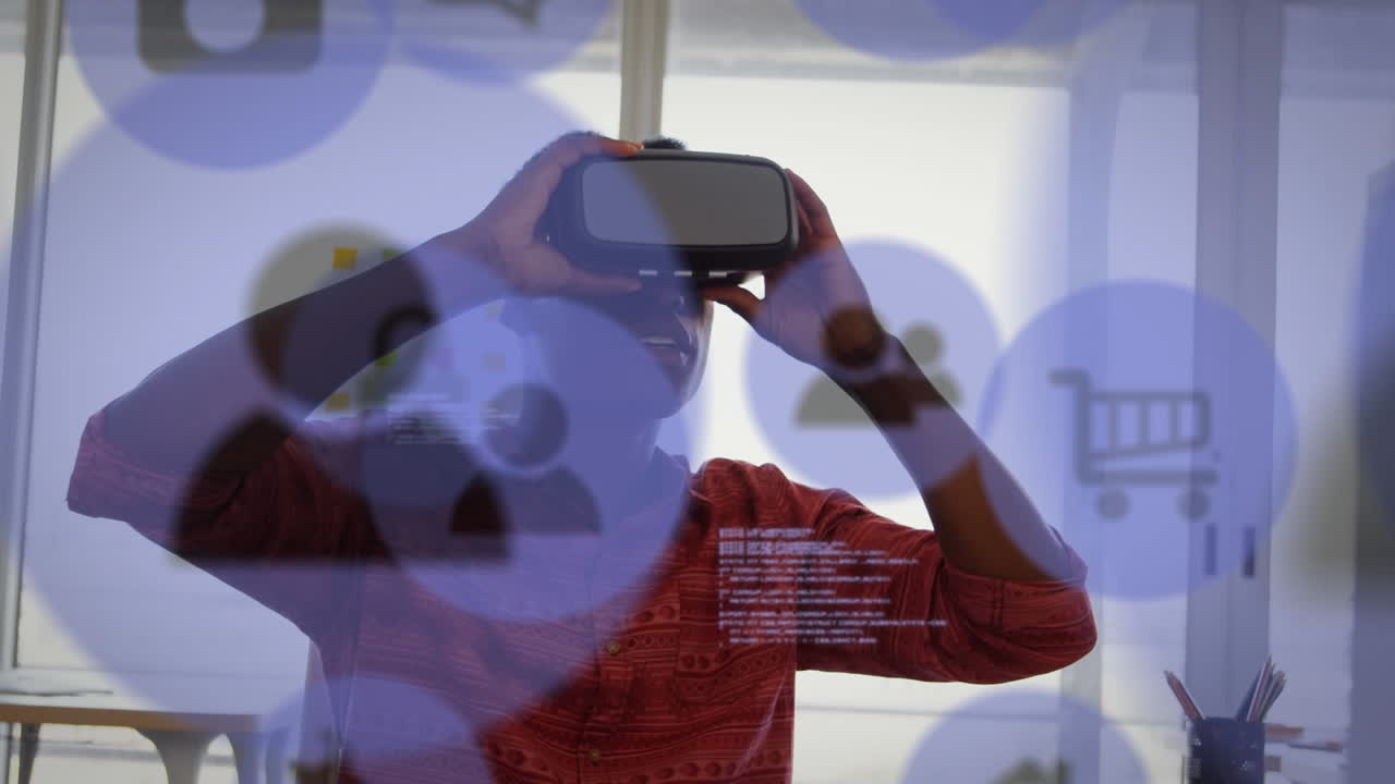 Purple icons with man wearing VR headset