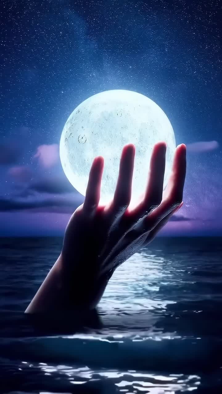 Concept video surreale di una mano che tiene una luna luminosa sopra l'acqua, ripreso da una angolazione bassa