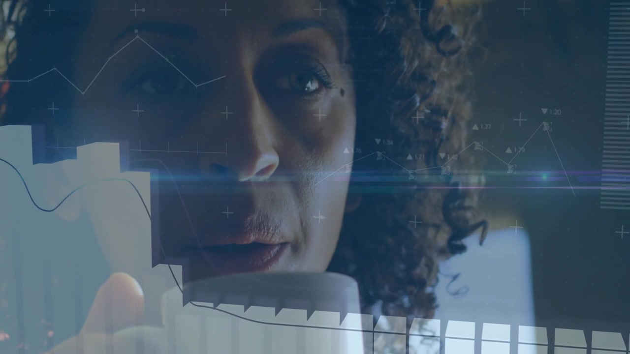 Bringing ceramic mug to lips, mature woman sipping coffee and tracking business bar and line graphs