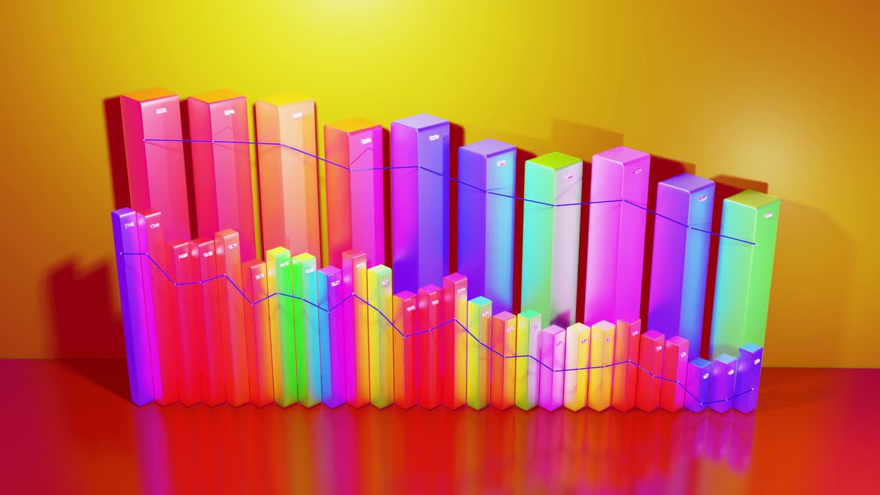 infografías en bucle abstractos de fondo con barras 3d multicolores. gráfico de degradación desde columnas. fondo económico con espacio de copia en 4k. barras 3d como gráfico de datos estadísticos.