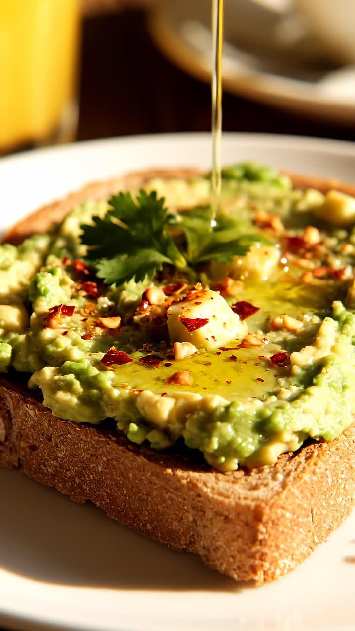 Rociando aceite de oliva sobre tostada de aguacate fresco con especias