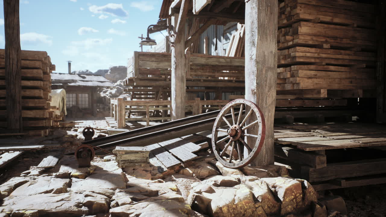 Wooden wagon wheel resting against rustic structures in a dusty settlement