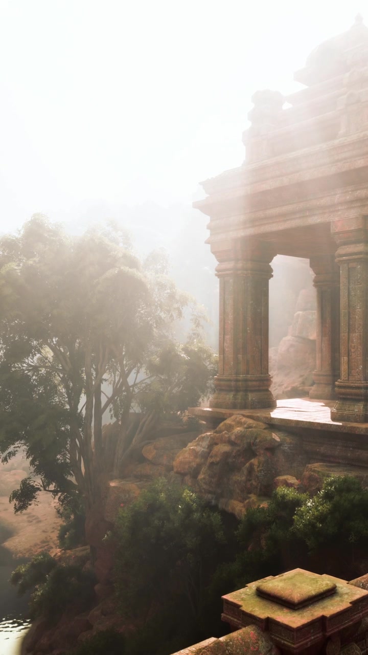 Antica struttura vicino all'acqua con alberi e nebbia in un ambiente tranquillo