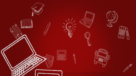 animación de un libro, una computadora portátil, una balanza, un globo, un autobús, una calculadora, una bombilla sobre un fondo rojo