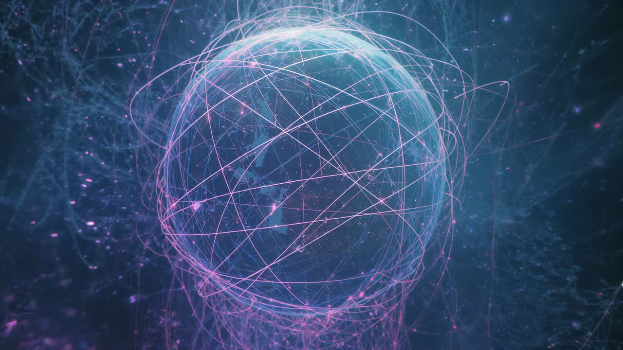 Starting neon pink and purple filaments tracing loops around blue sphere in dark space, forming web