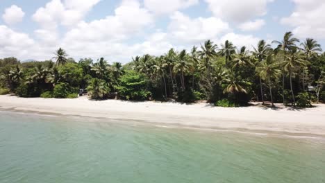 paralaje de drones sobre aguas azules tropicales con palmeras y playa