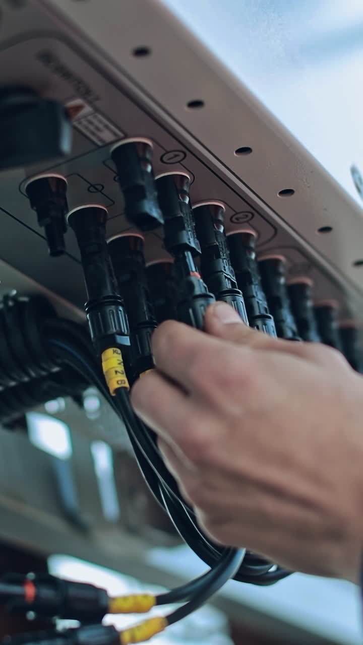 Worker's hand connects electrical equipment. Electrician connecting black wires on the electrical system outdoors. Vertical video