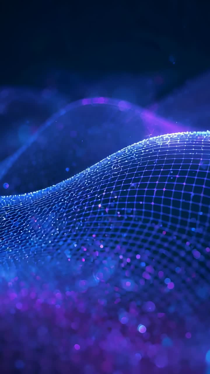 Vertical video: Appearing blue grid causing wireframe mesh undulating on dark void, with highlights
