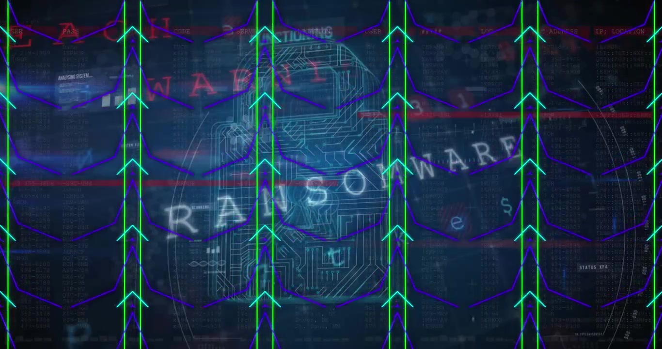 Animation of data processing, online security padlock and circuit board