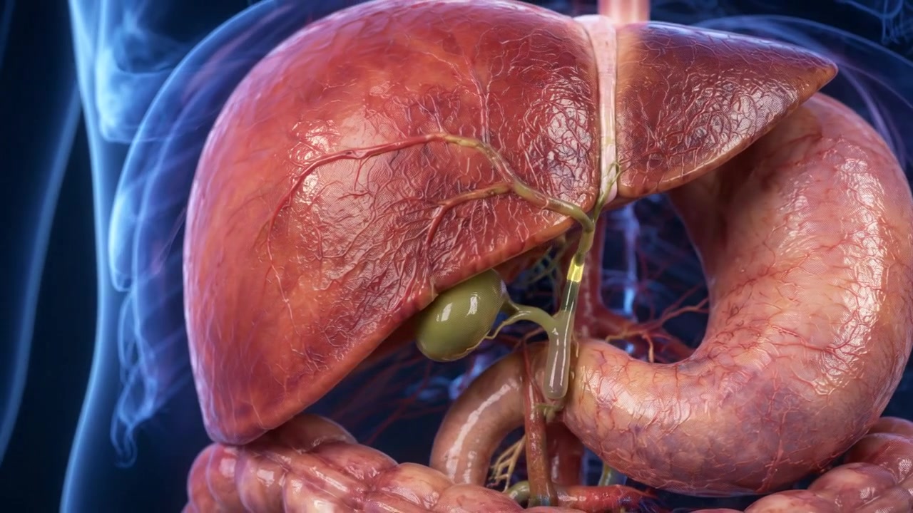 Detailed human liver stomach and intestines visible inside transparent torso medical render
