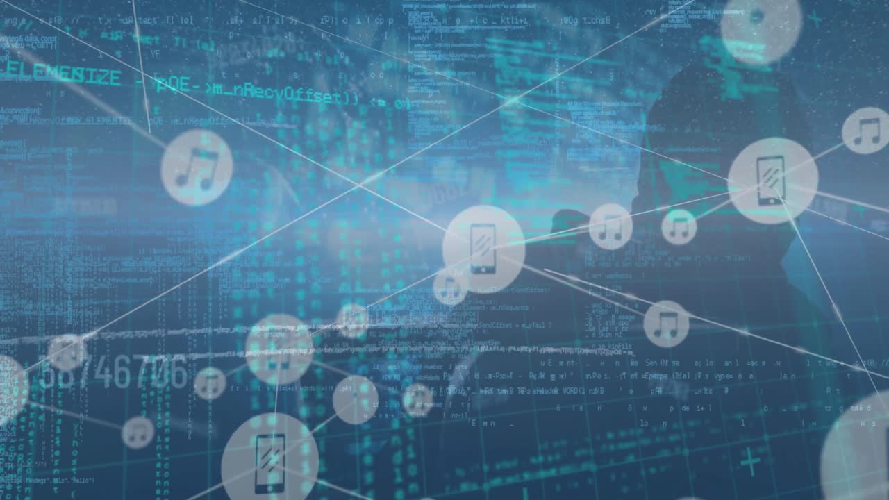 파란색 배경 위의 데이터 처리 및 연결 네트워크의 애니메이션