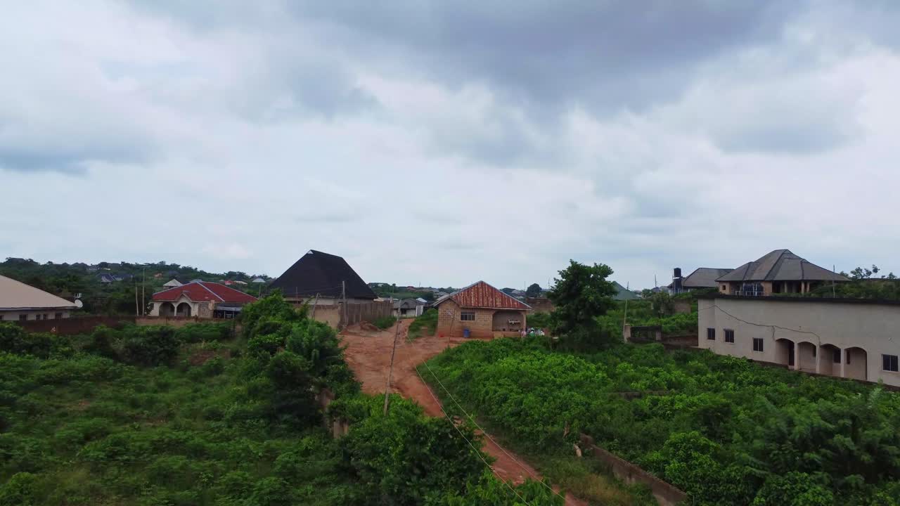 Low aerial of homes in a small African town in Nigeria