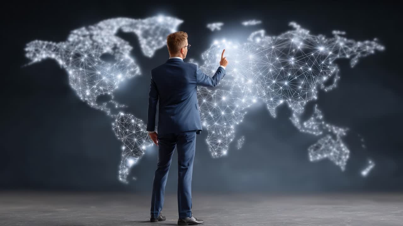 Businessman Interacting with a Digital World Map, Showcasing Global Connections and Innovations in Communication Technology