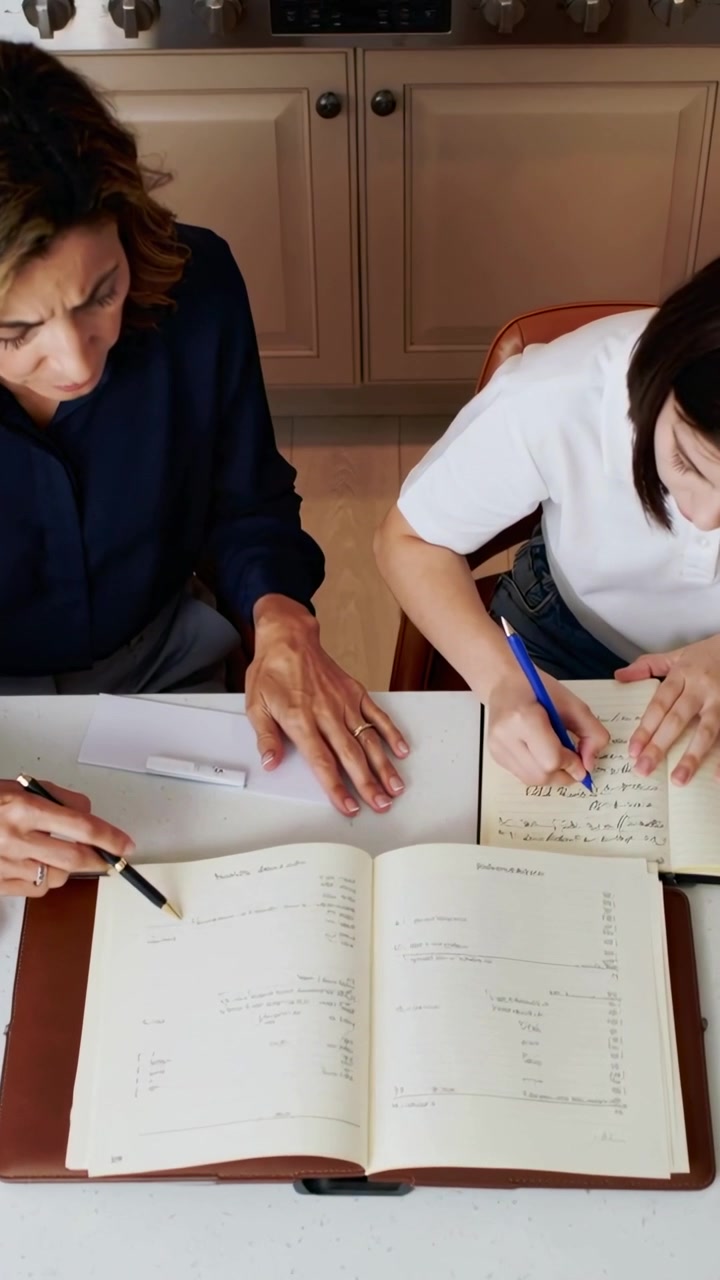 Vertical video: Opening planner mom pointing at home, teen writing in notebook to log with blue pen