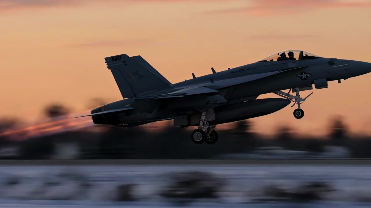 F/A-18 Super Hornet Fighter Jet Taking Off at Sunset