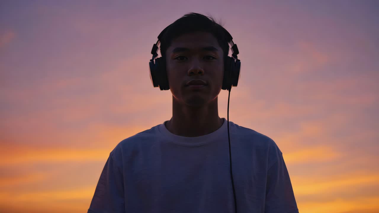 Uomo che ascolta musica al tramonto