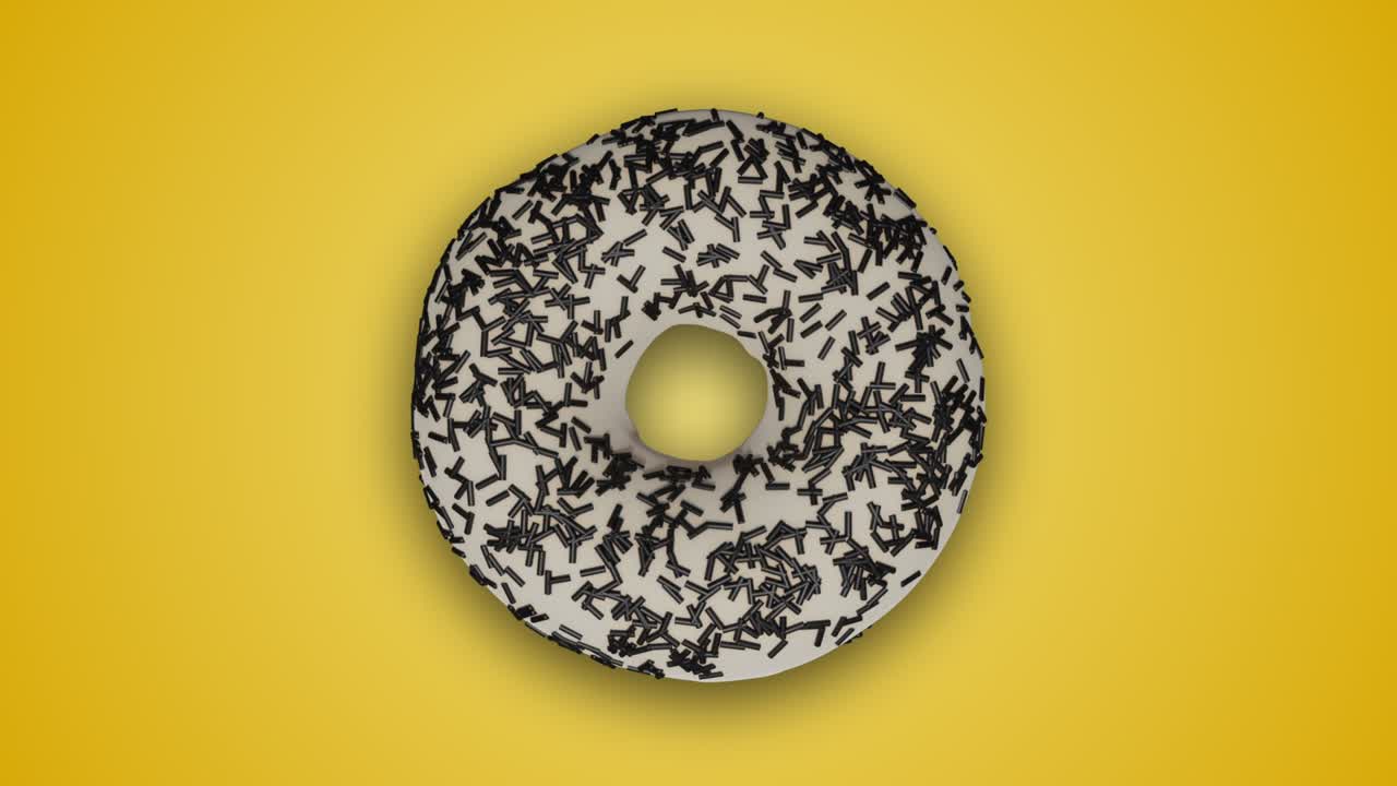 varias deliciosas rosquillas esmaltadas girando y cambiando entre sí en un fondo amarillo abstracto