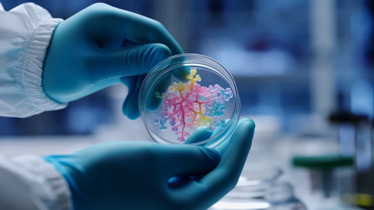 Manos enguantadas sosteniendo una placa de Petri, colonias bacterianas coloridas en agar, fondo de laboratorio estéril