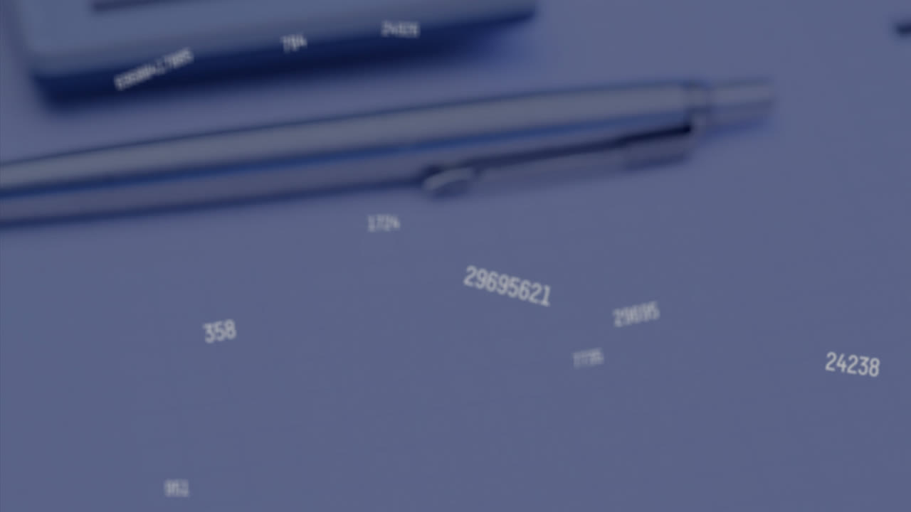 Multiple changing numbers falling against spinning calculator pen and diary
