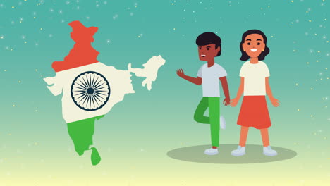 india celebration animation with kids and flag in map