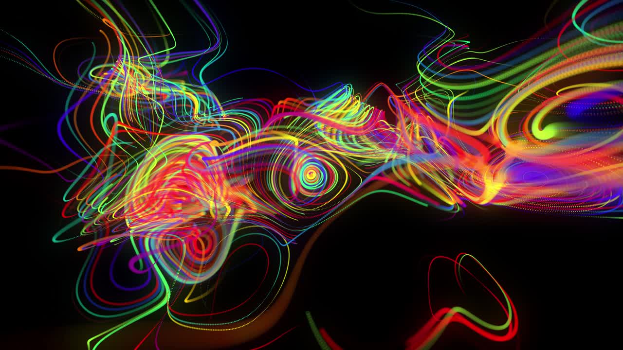 fondo en bucle abstracto con flujo de líneas multicolores de brillo o rayas de luz. las partículas de luces en funcionamiento se forman en el espacio 3d brillando hermosas líneas curvas con luz de neón. hermoso bg creativo en 4k.