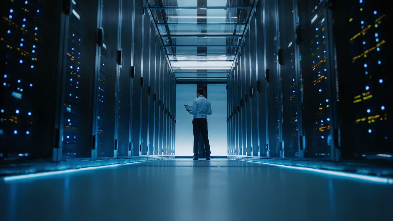 A technician analyzes data in a high-tech server room, illuminated by glowing lights as they navigate between rows of advanced servers and storage devices