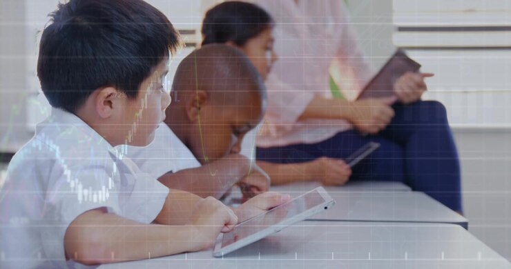 Animation shows diverse school children in an educational concept video over finance data
