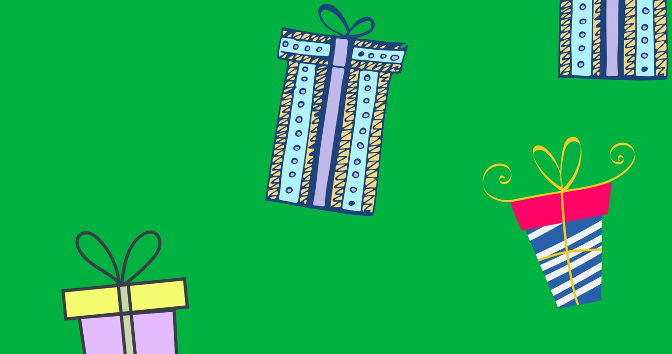 Digital animation of multiple gifts icons falling against black background