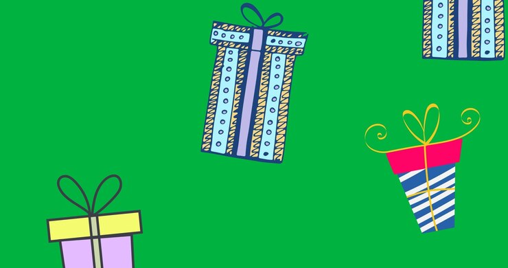 Digital animation of multiple gifts icons falling against black background