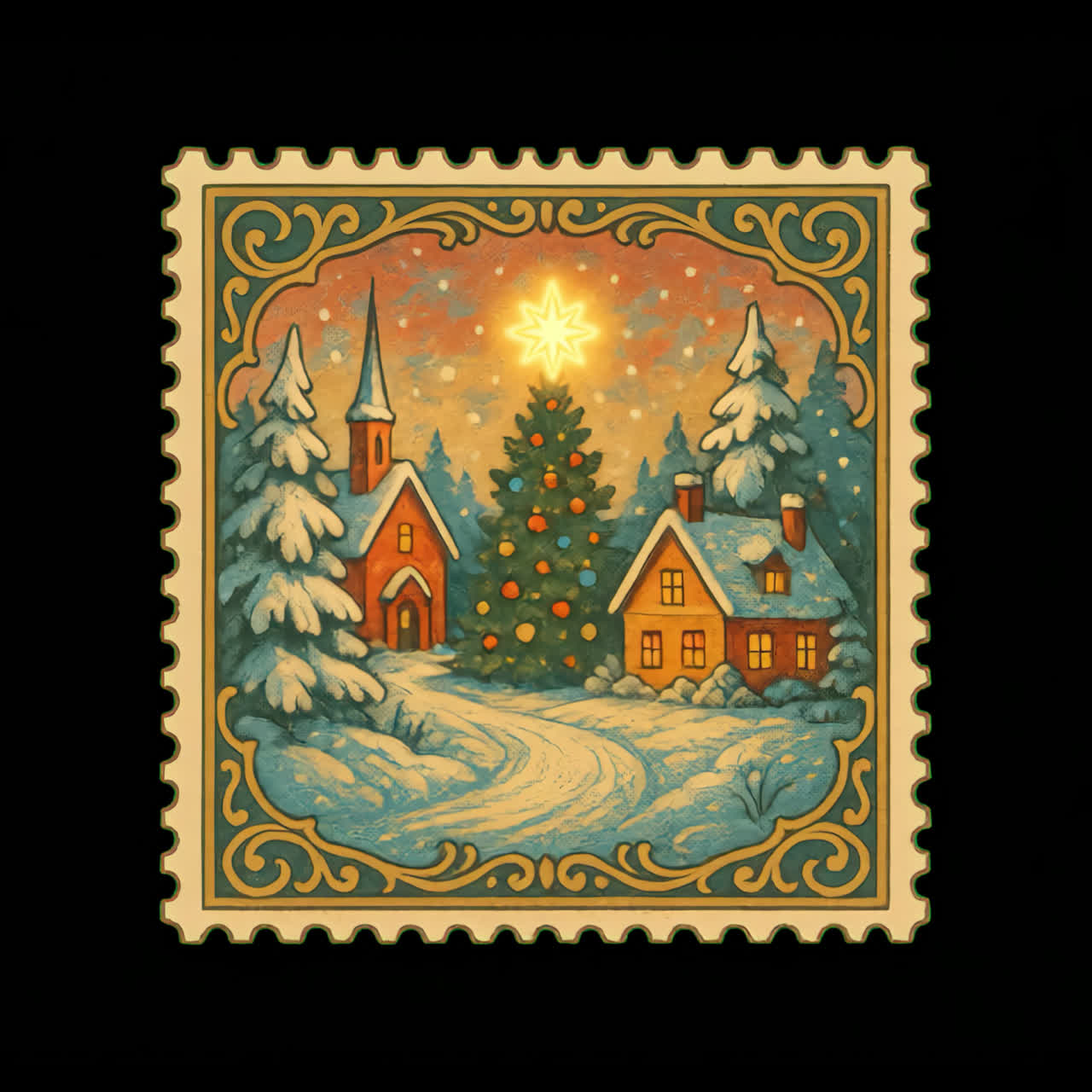 Charming winter village scene animation isolated asset, transparent 4K video, alpha channel, ProRes