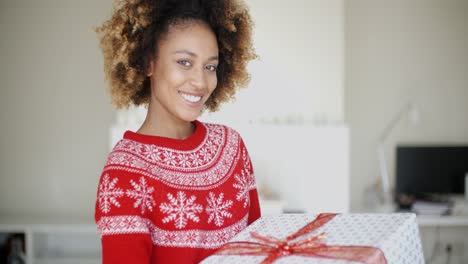 Sexy-Afroamerikanerfrau-Mit-Weihnachtsgeschenk