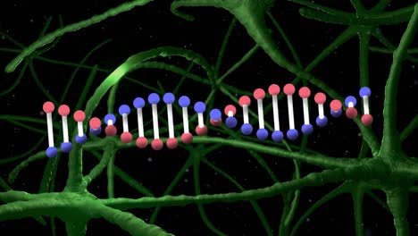 digital animation of dna structure spinning against signals passing through neurons