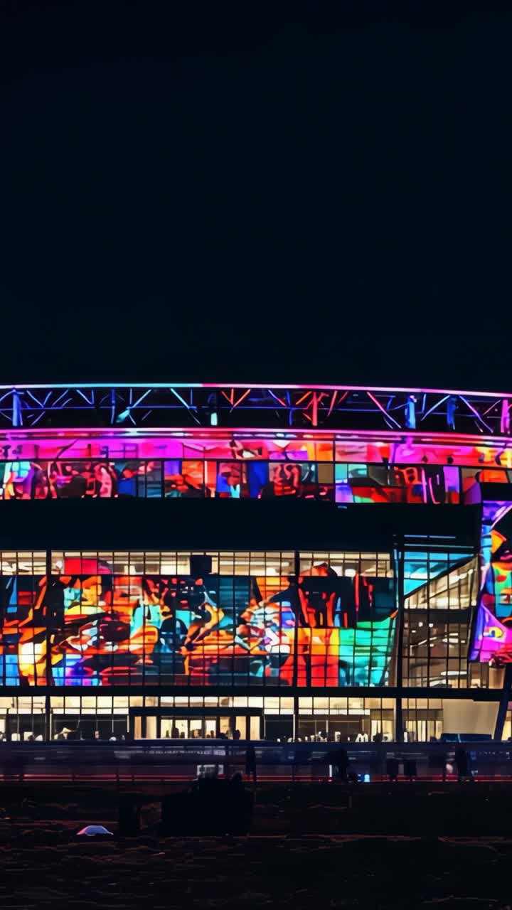 Vertical video: Displaying arena facade with scrolling LED ribbon under night sky, with plaza crowd