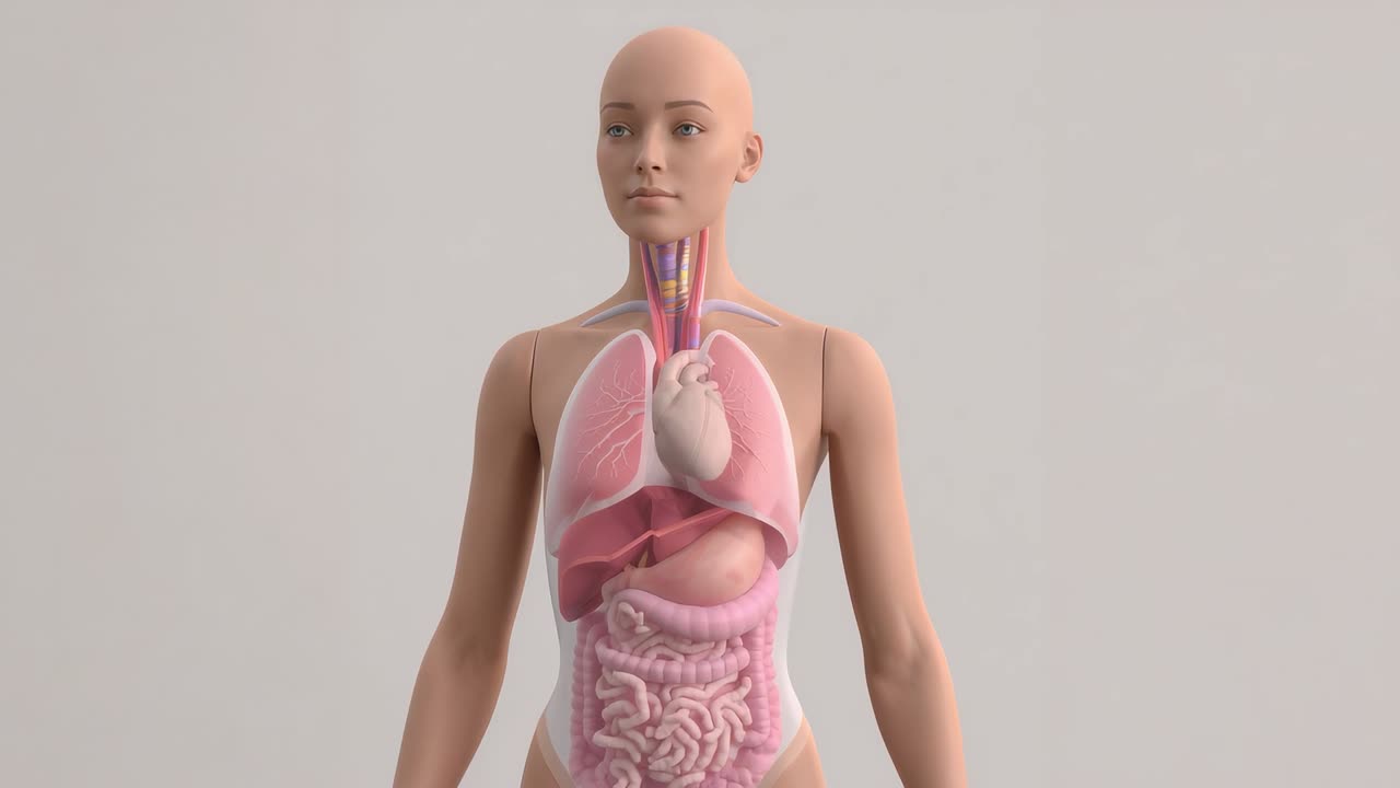 Riprese con camera in movimento di un manichino anatomico femminile che ruota la testa e rivela cuore e polmoni a scopo didattico