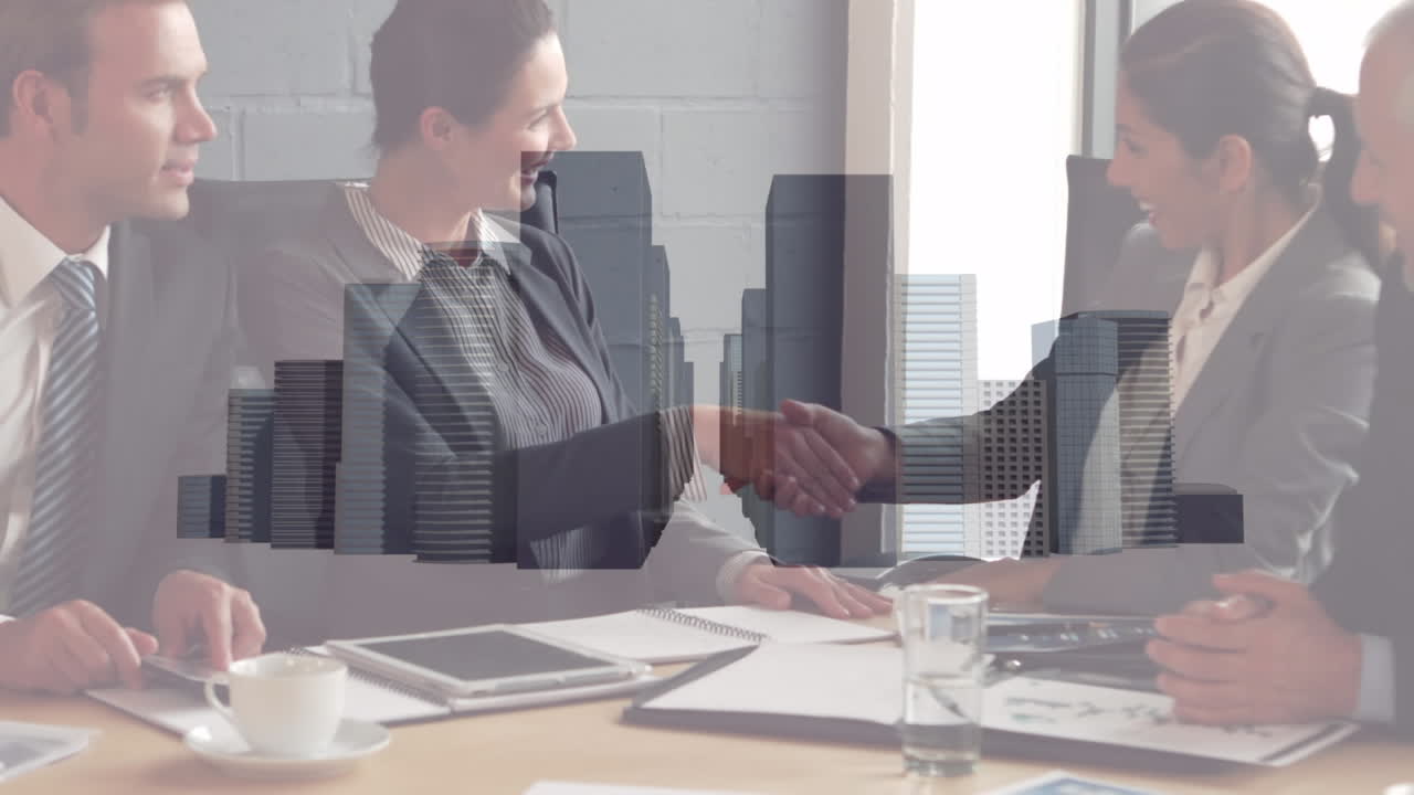 Animación de un paisaje urbano sobre diversas personas de negocios trabajando en la oficina.