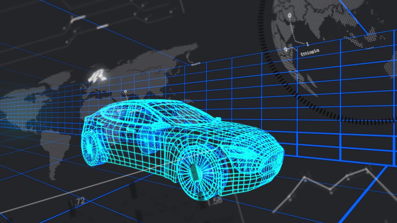 Camera lowering and tracking, HUD sliding, pulsing, highlighting cyan wireframe car to show data