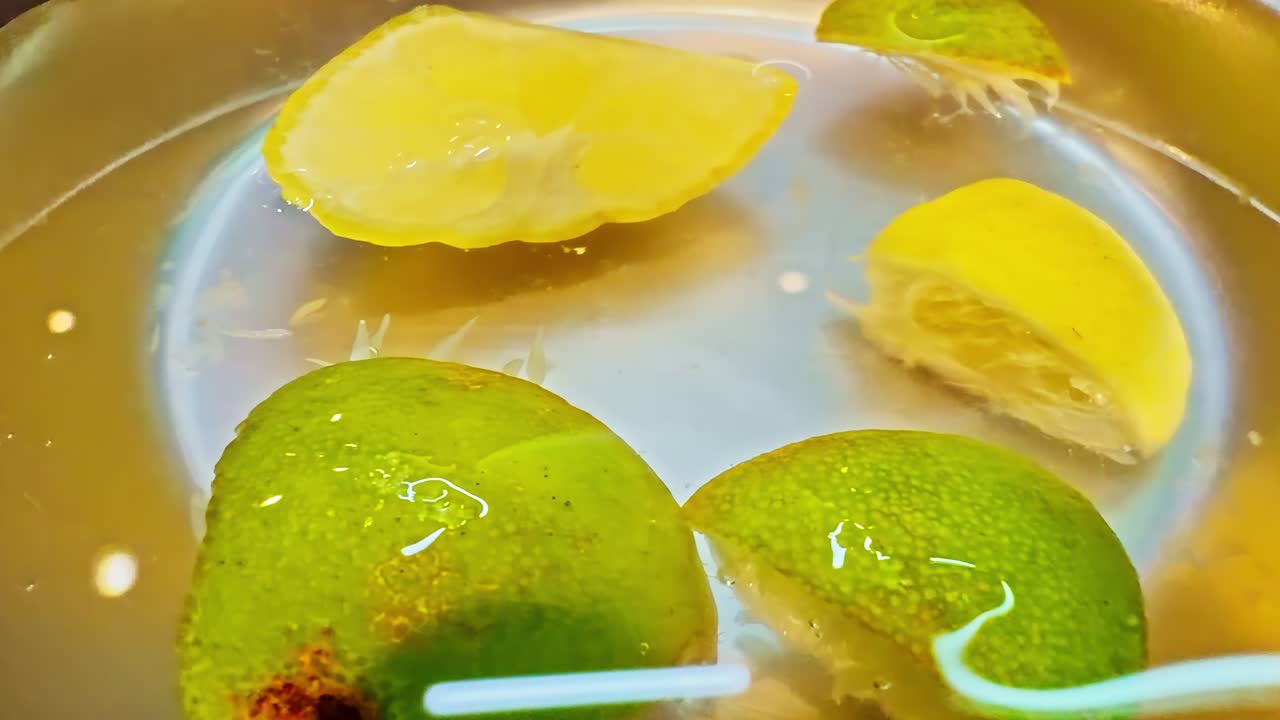 Close-up of halved lemons floating in boiling water, likely for tea or detox preparation. Sharm El Sheikh, Egypt