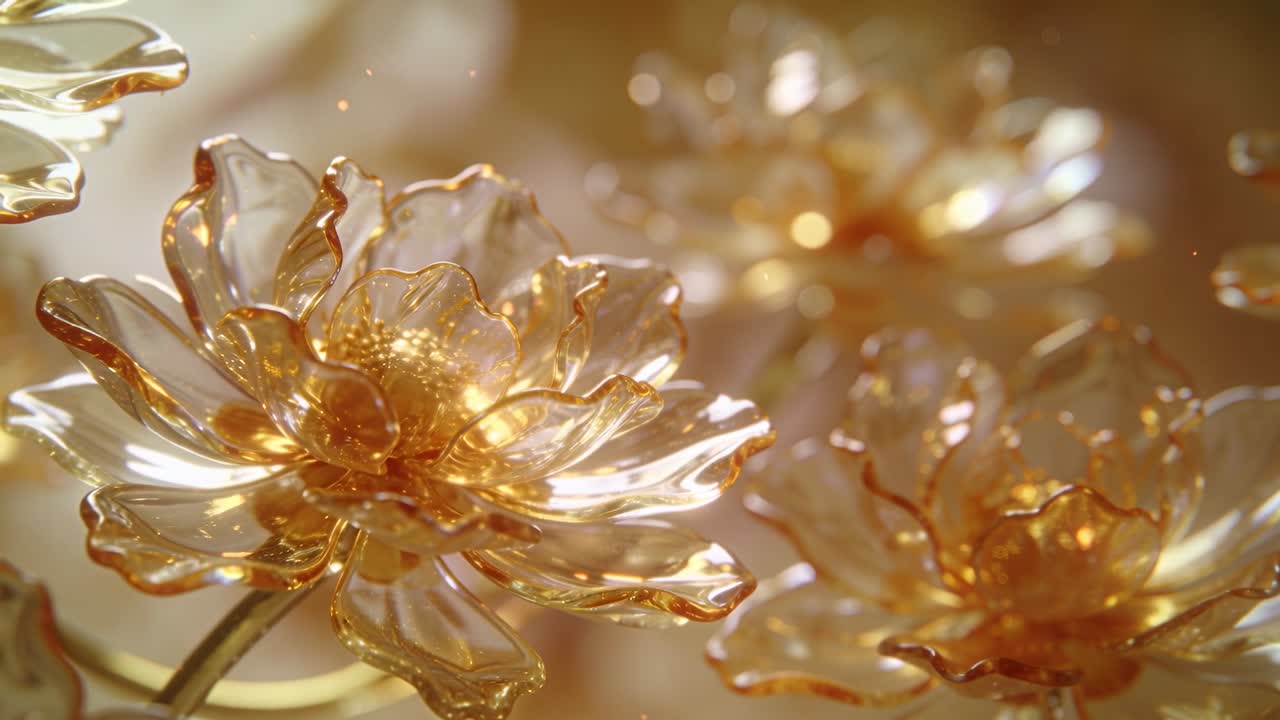 Fioritura di vetro color ambra-oro a sinistra, la telecamera si allontana rivelando un gruppo, la messa a fuoco si sposta per il design.