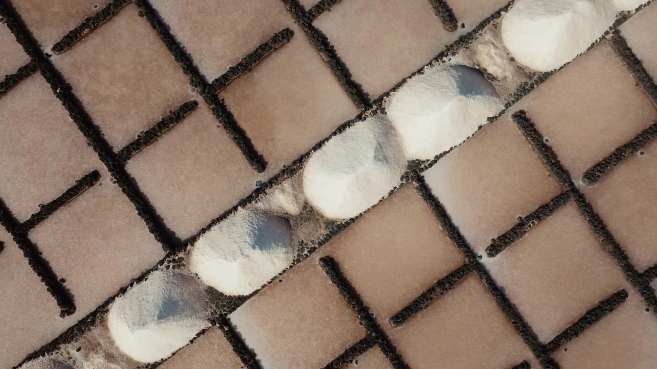 Top down aerial drone view of salt stacks at Salinas de Janubio in Lanzarote, Spain, geometric salt ponds and volcanic stone walls